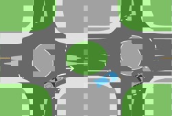 Car exiting a mini roundabout